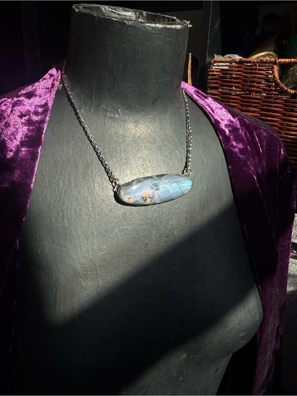 Labradorite Bar Pendant Necklace statement jewelry for protection 3rd eye chakra